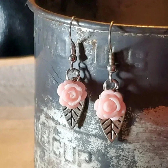 Handcrafted Antique Silver Leaf Light Pink Lucite Rose Dangle Earrings - Picture 7 of 8